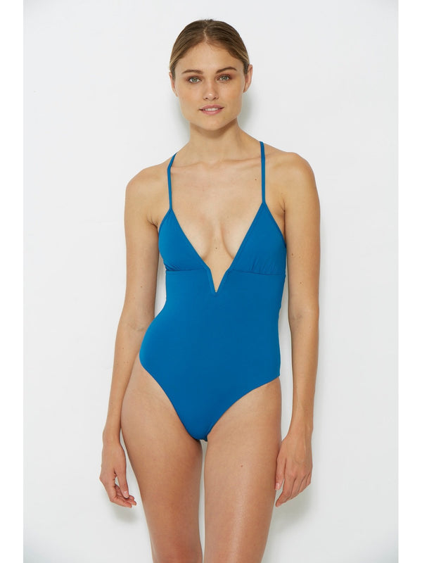 blue plunge one piece swimsuit
