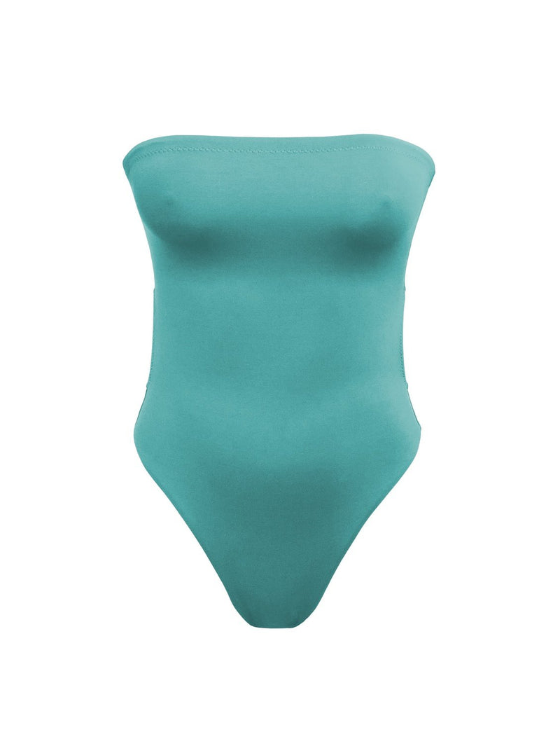 green strapless one piece bathing suit