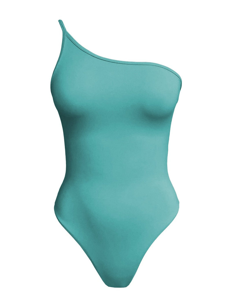 green one shoulder swimsuit