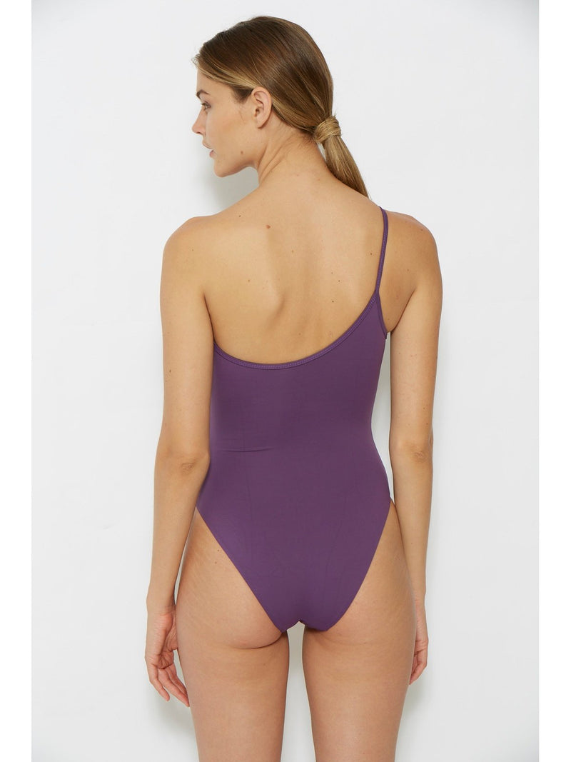 one shoulder lavender swimsuit
