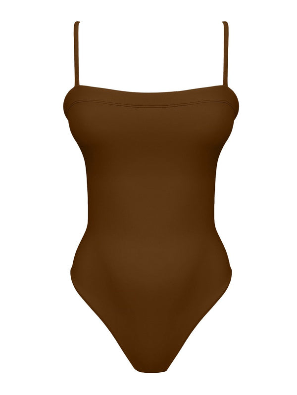 brown one piece swimsuit