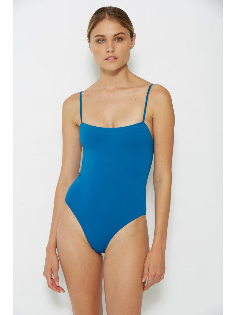 blue bandeau one piece swimsuit